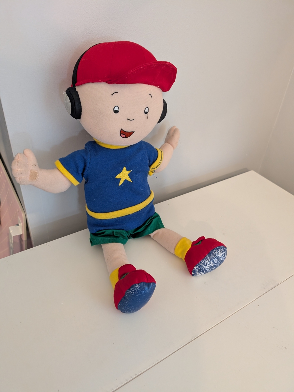 Red Hat Caillou Plush Kids Toy Doll with Blue Shirt and Star Vintage Retro 90s
